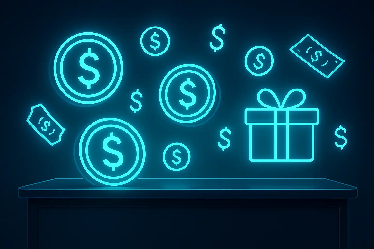Glowing neon bonus coins and cash symbols representing NeonStakes Casino promotions