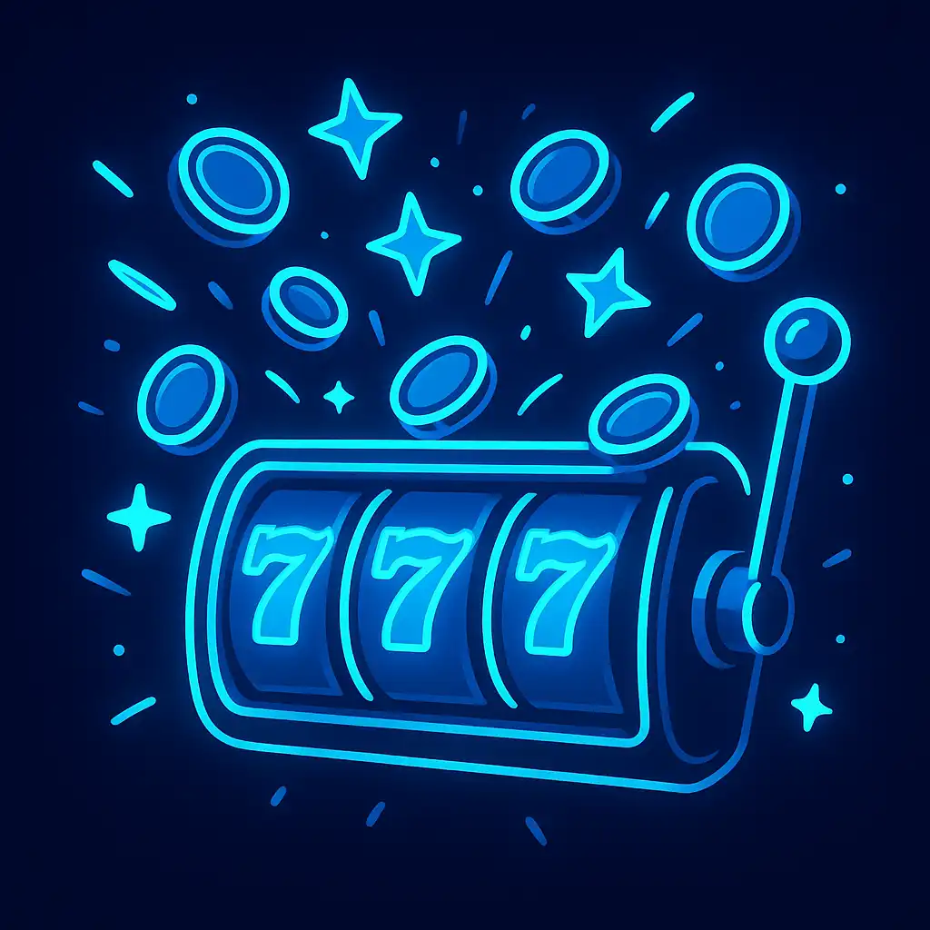 Illustration of neon slot reels spinning with coins and bonus symbols